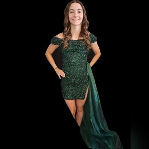 Jovani Emerald Off-Shoulder Sequin Mini Dress with Draped Train